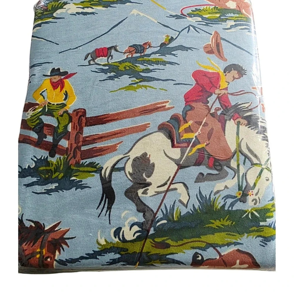 Vintage Nick & Nora Rio Grande Western Cowboy Queen Sheet Set Blue Jersey NEW